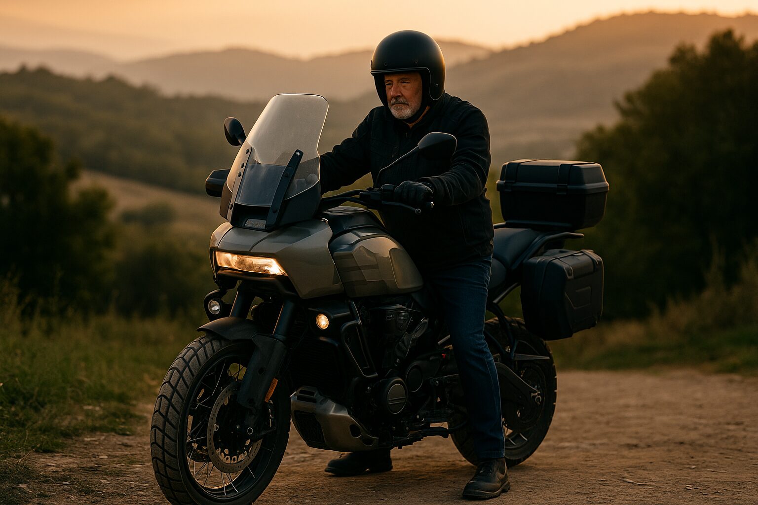 50代の男性ライダーがアドベンチャーバイクでソロツーリングを楽しんでいる様子の写真
